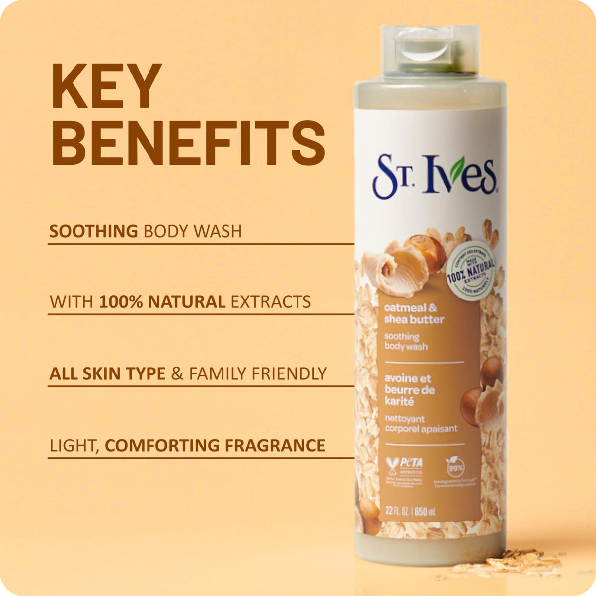 St. Ives Oatmeal & Shea Butter Body Wash, Soothing Body Care with 100% Natural Extracts, Moisturizing Body Soap, Daily Shower Gel Cleanser with Comforting Warm Fragrance, 22oz St. Ives