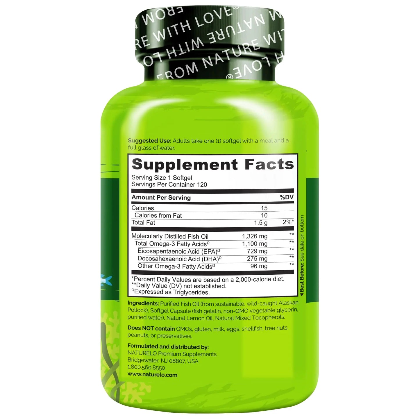 NATURELO Burpless Omega 3 Fish Oil Supplement - 1100mg Triglyceride Omega-3, EPA + DHA, Liquid Fish Oil for Heart, Eye, Brain, Joint Health NATURELO