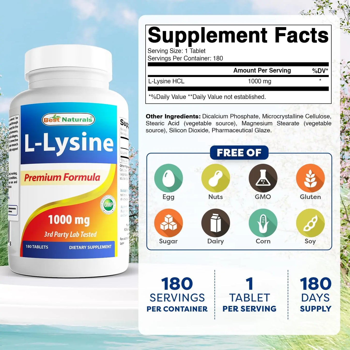 Best Naturals L-Lysine 1000mg 180 Tablets - Double Strength Lysine for stronger immune health & cold sores Best Naturals