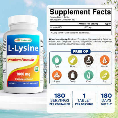 Best Naturals L-Lysine 1000mg 180 Tablets - Double Strength Lysine for stronger immune health & cold sores Best Naturals