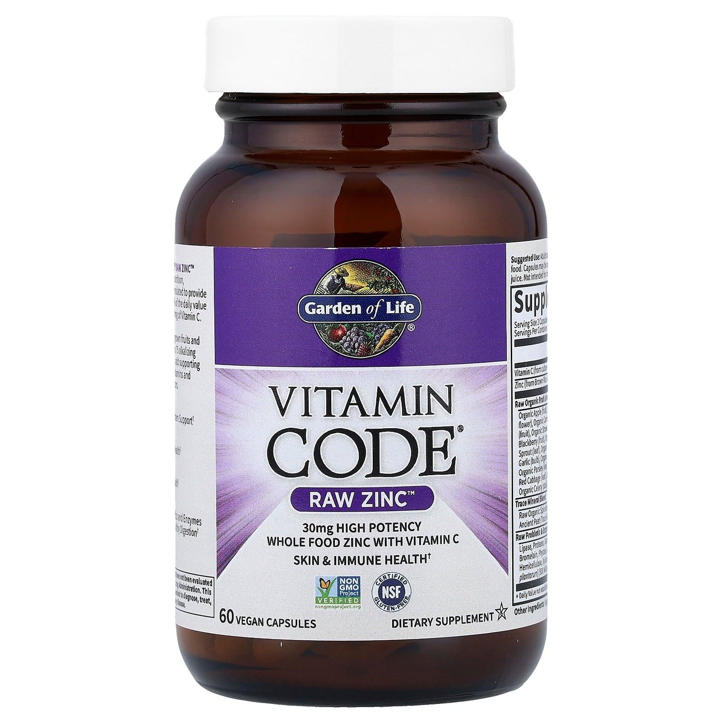 Garden of Life Zinc Supplements 30mg High Potency Raw Zinc and Vitamin C Multimineral Supplement, Vitamin Code Vitamins Trace Minerals & Probiotics Garden of Life