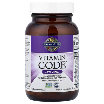 Garden of Life Zinc Supplements 30mg High Potency Raw Zinc and Vitamin C Multimineral Supplement, Vitamin Code Vitamins Trace Minerals & Probiotics Garden of Life