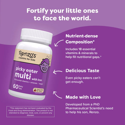 Renzo's Picky Eater Kids Multivitamin with Iron - Dissolvable Kids Vitamins with Iron, Zinc, Vitamin C, Vitamin D, E & K, Sugar-Free Melty Tabs, Cherry Flavor Renzo's
