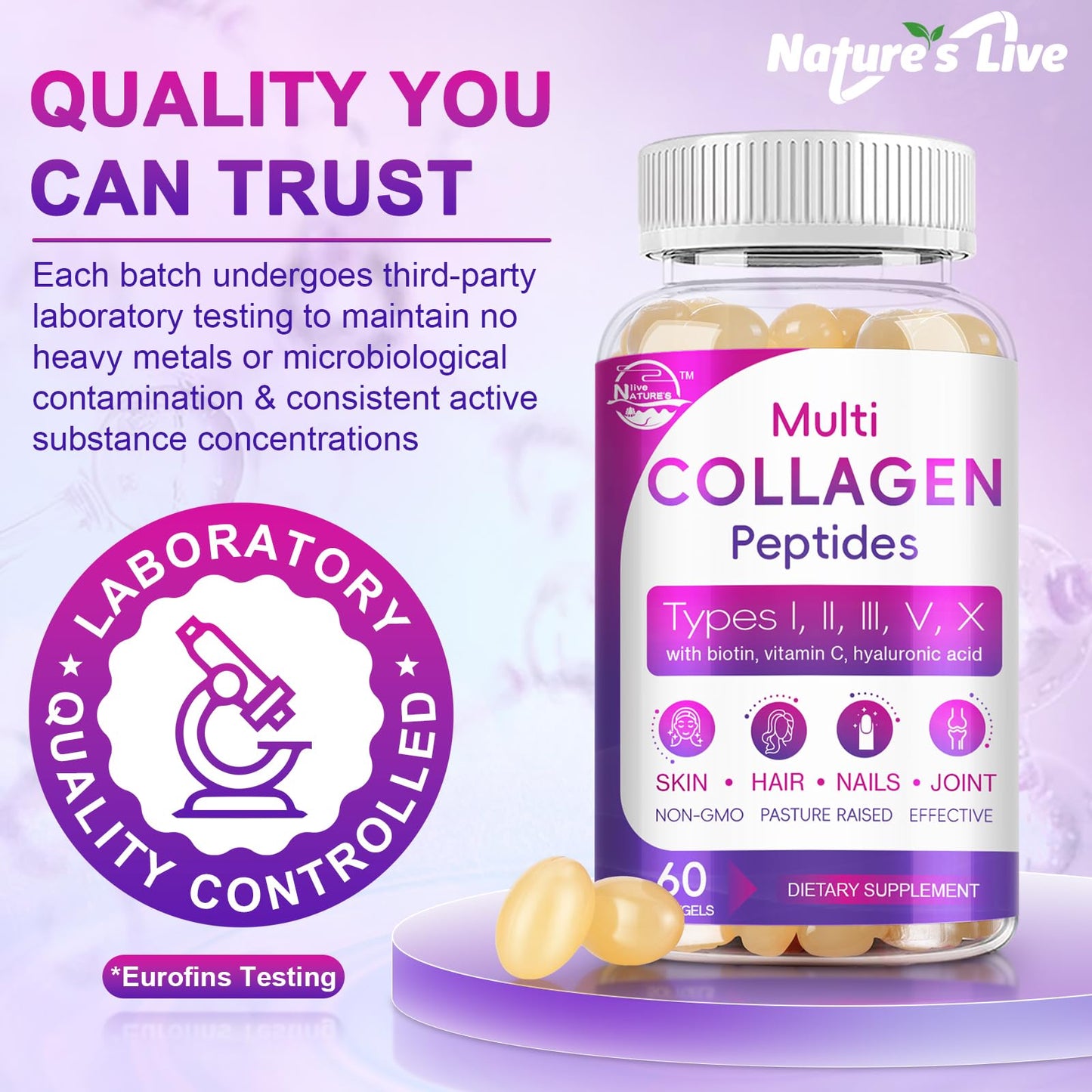 Multi Collagen Peptides Softgel - Type I, II, III, V, X - Hydrolyzed Collagen Peptides with Biotin, Vitamin C, Hyaluronic Acid, Supports Skin Hair Nail Nature's live