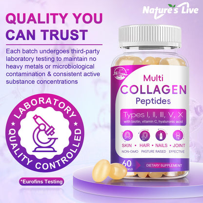 Multi Collagen Peptides Softgel - Type I, II, III, V, X - Hydrolyzed Collagen Peptides with Biotin, Vitamin C, Hyaluronic Acid, Supports Skin Hair Nail Nature's live