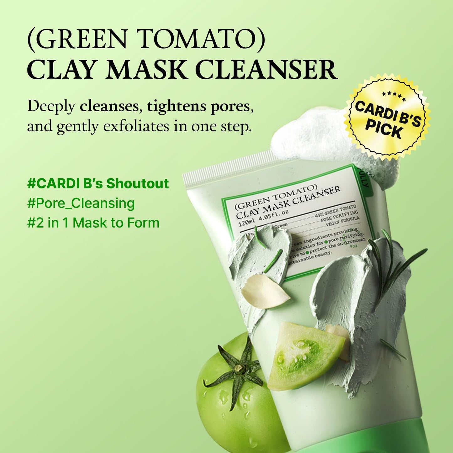 FULLY Green Tomato Facial Cleanser, Cardi B’s Clay Mask Cleanser for Deep Pore Cleanse FULLY