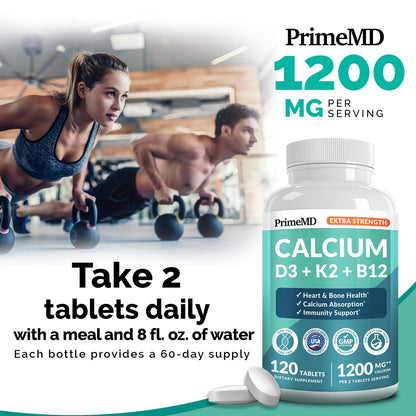 4-in-1 Calcium 1200 mg with Vitamin D3 K2 - Extra Strength Calcium Supplements for Women & Men with D3 K2 Vitamin 5000 IU - Everyday Vitality Supplement PrimeMD