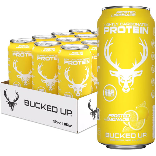 Bucked Up Lightly Carbonated Protein Soda | 25g Whey Isolate - Zero Sugar, Low Calorie, Caffeine Free, Clean Drink | Sparkling Protein Soda - 12 Pack, 16 oz Cans (Frosted Lemonade)