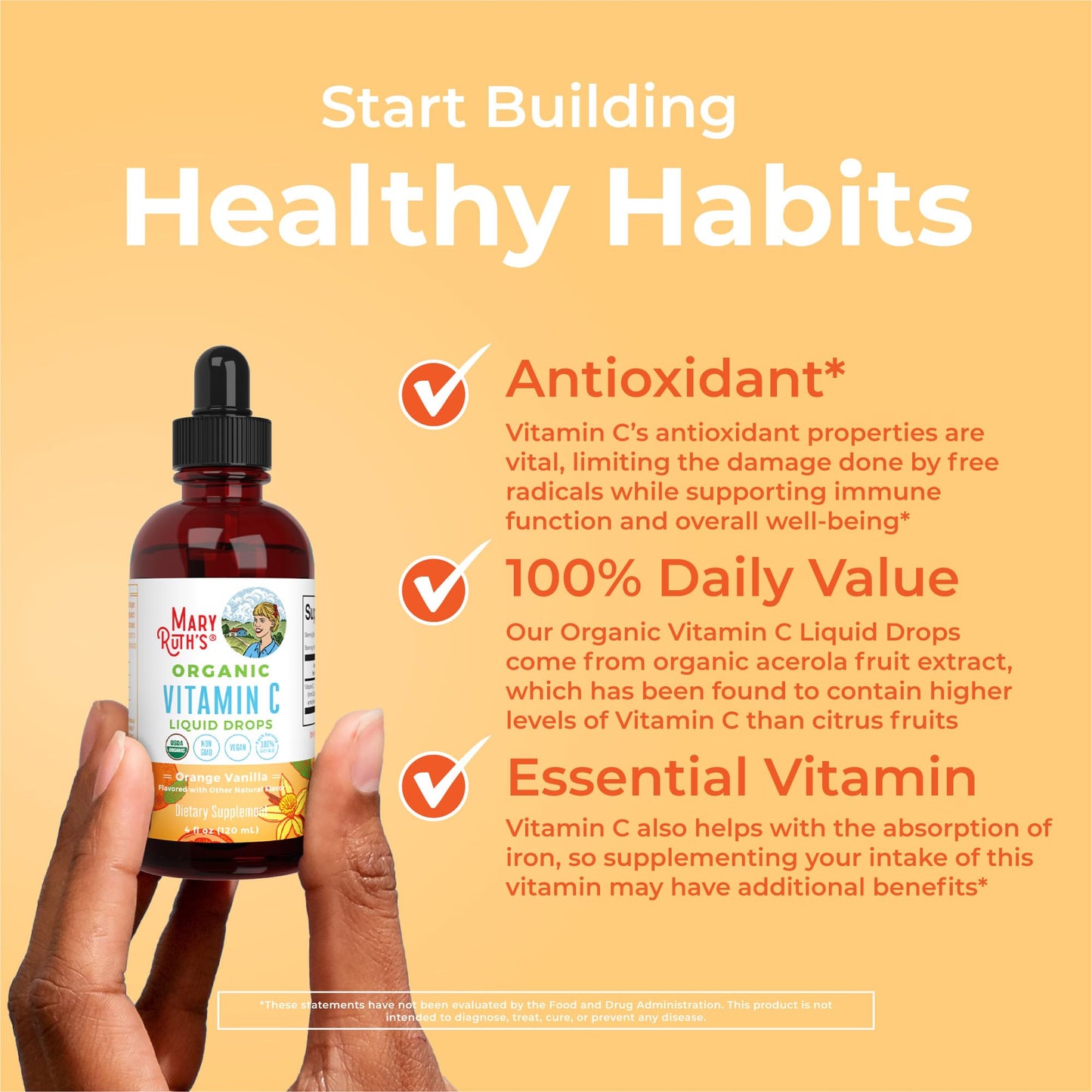 MARYRUTH'S Organic Vitamin C Supplement | Liquid Vitamin C Liquid Drops for Adults & Kids | Immune Support Supplement for Overall Health MARYRUTH'S
