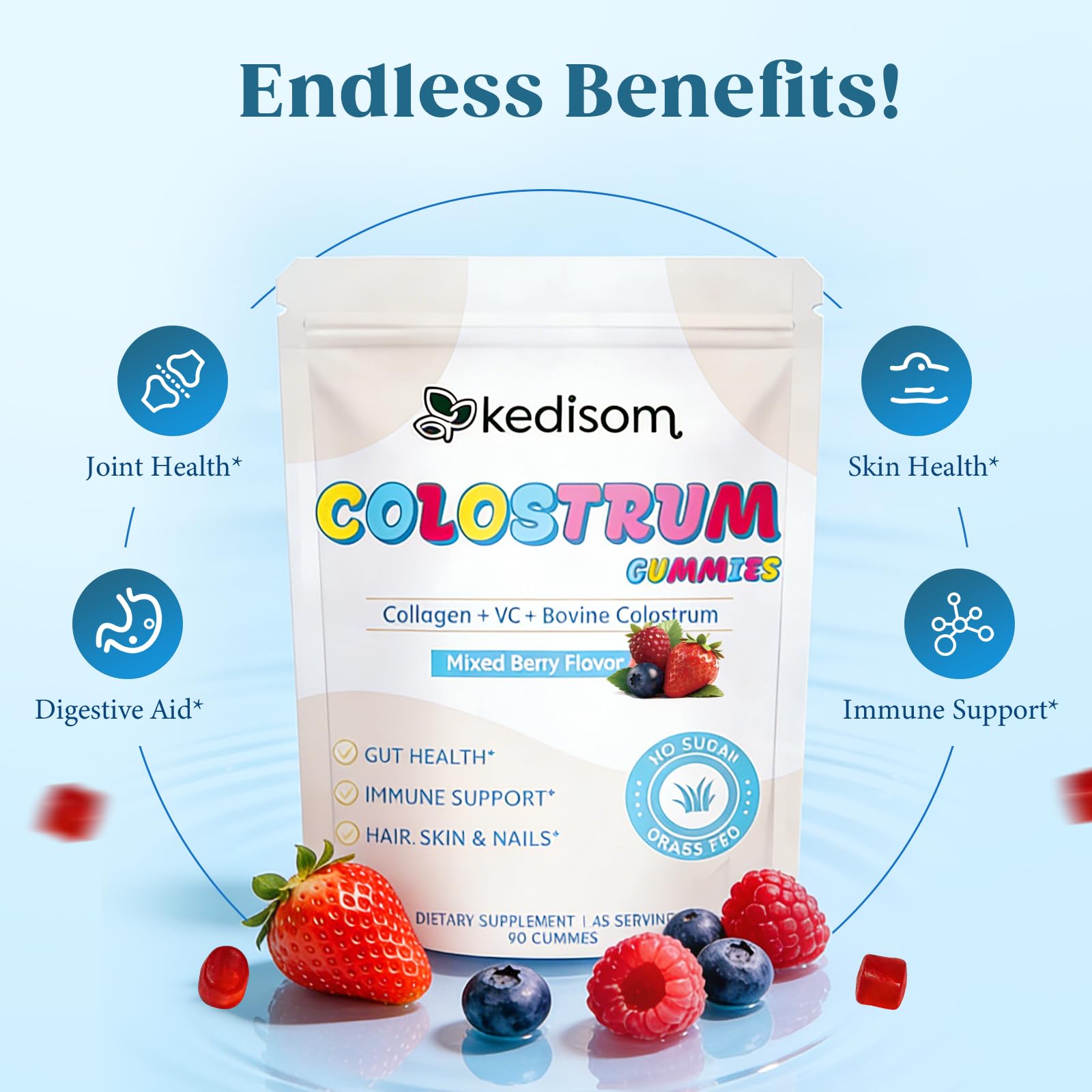 KEDISOM Colostrum Gummies, Grass Fed Colostrum Supplement, 90 Bovine Colostrum Gummies, 45 Servings, Mixed Berry, Sugar-Free KEDISOM buy australia supplements