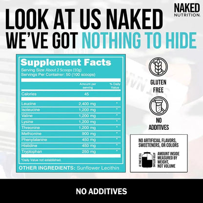 NAKED EAAs Amino Acids Powder - 50 Servings - Vegan Unflavored Essential Amino Acids 500 Grams - Instantized All Natural EAAs Powder Supplement NAKED