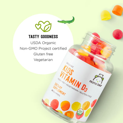 Amazon Brand - Mama Bear Organic Kids Vitamin D3 25 mcg (1000 IU) Gummies per serving, Bone and Immune Health, Strawberry, 80 Count Mama Bear