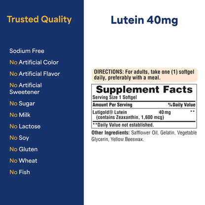 Puritan's Pride Premium Lutigold™ Lutein Carotenoid 40mg with Zeaxanthin for Men and Women, Dietary Supplement for Eye Health Support Puritan's Pride