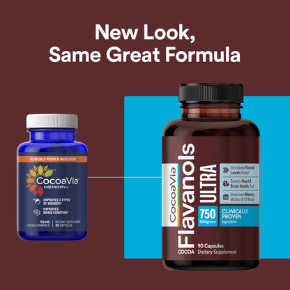CocoaVia Ultra 750mg Cocoa Flavanols – Heart & Brain Support, Memory & Blood Circulation Booster, High Flavanol Cocoa for Nitric Oxide, Energy & Oxygen Boost CocoaVia