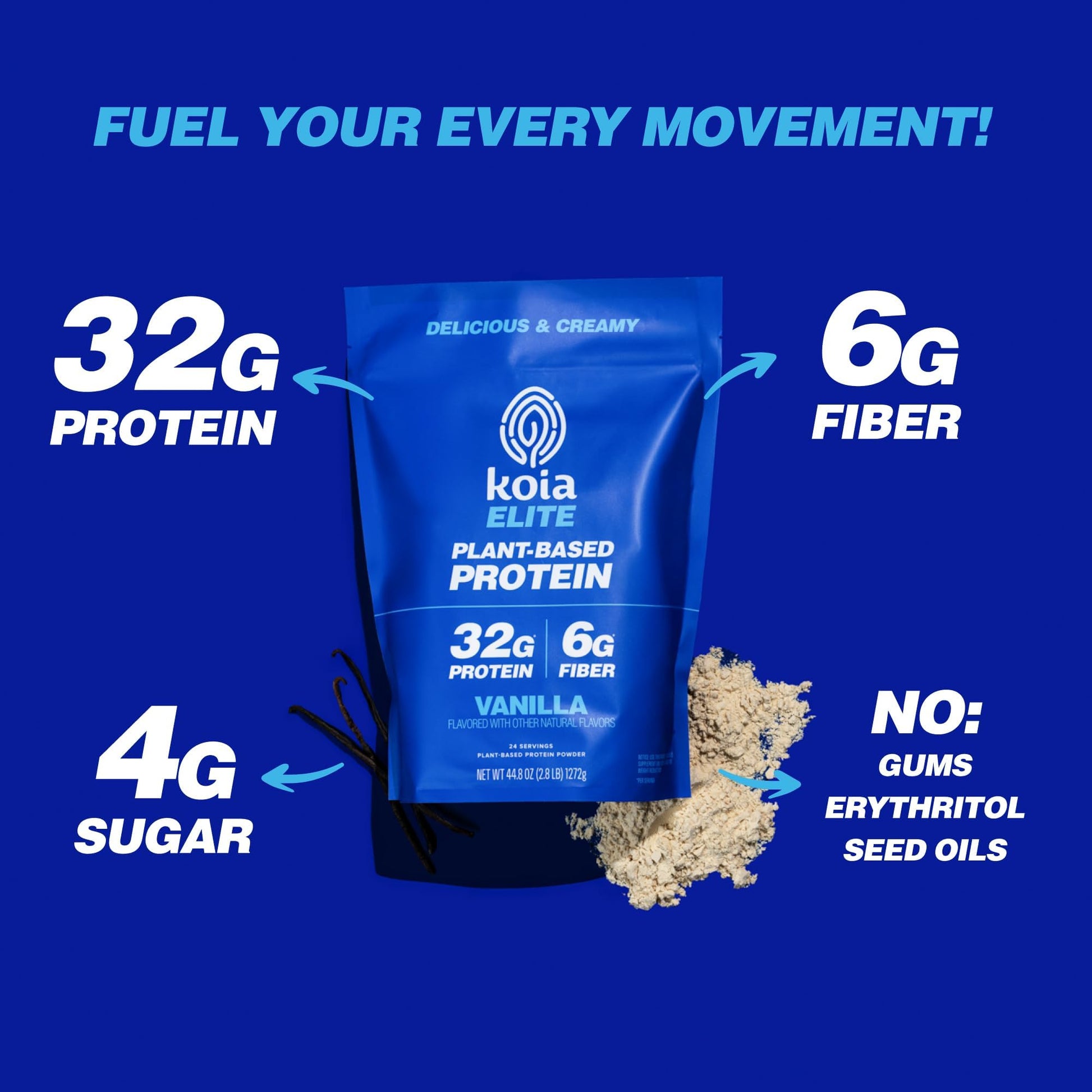 Koia Plant Based Protein Elite Powder, Vanilla, 32g Protein, 4g Sugar, 6g Prebiotic Fiber, Pre & Post Workout, 21 Vitamins & Minerals, Dairy-Free, Gluten-Free, Non-GMO, 24 Servings, 44.8 Oz Koia buy australia supplements