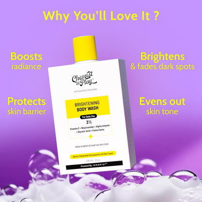 Chemist at Play Brightening Body Wash|Glowing Skin Vitamin C Bodywash | Helps to Reduce Fades Dark Spots, Evens out Skin Tone | Alpha Arbutin| 30X Vitamin C with Camu Camu |For Women & Men | 8 Fl oz Chemist at Play