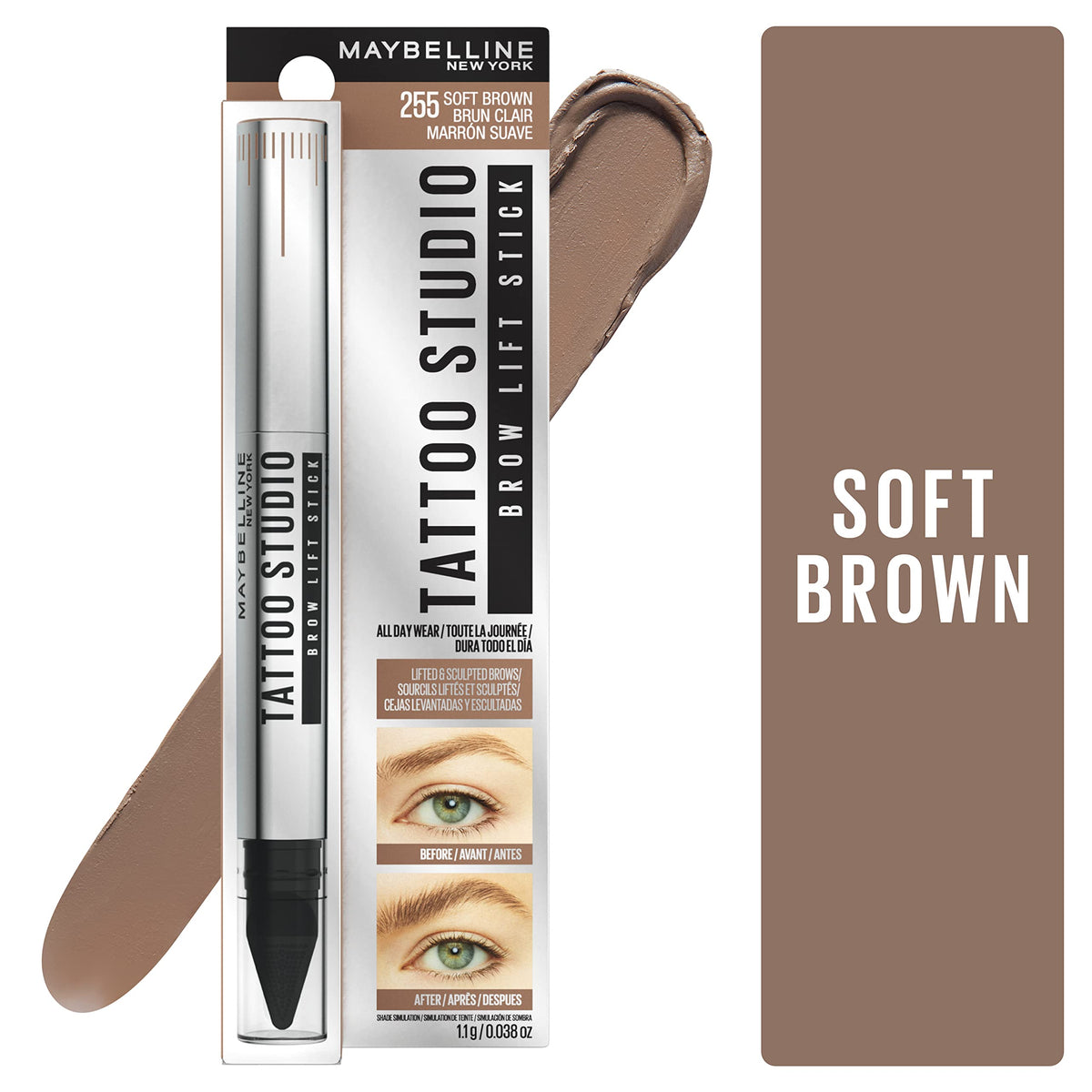 Maybelline TattooStudio Brow Lift Stick Makeup with Tinted Wax Conditioning Complex, Soft Brown, 1 Count MAYBELLINE