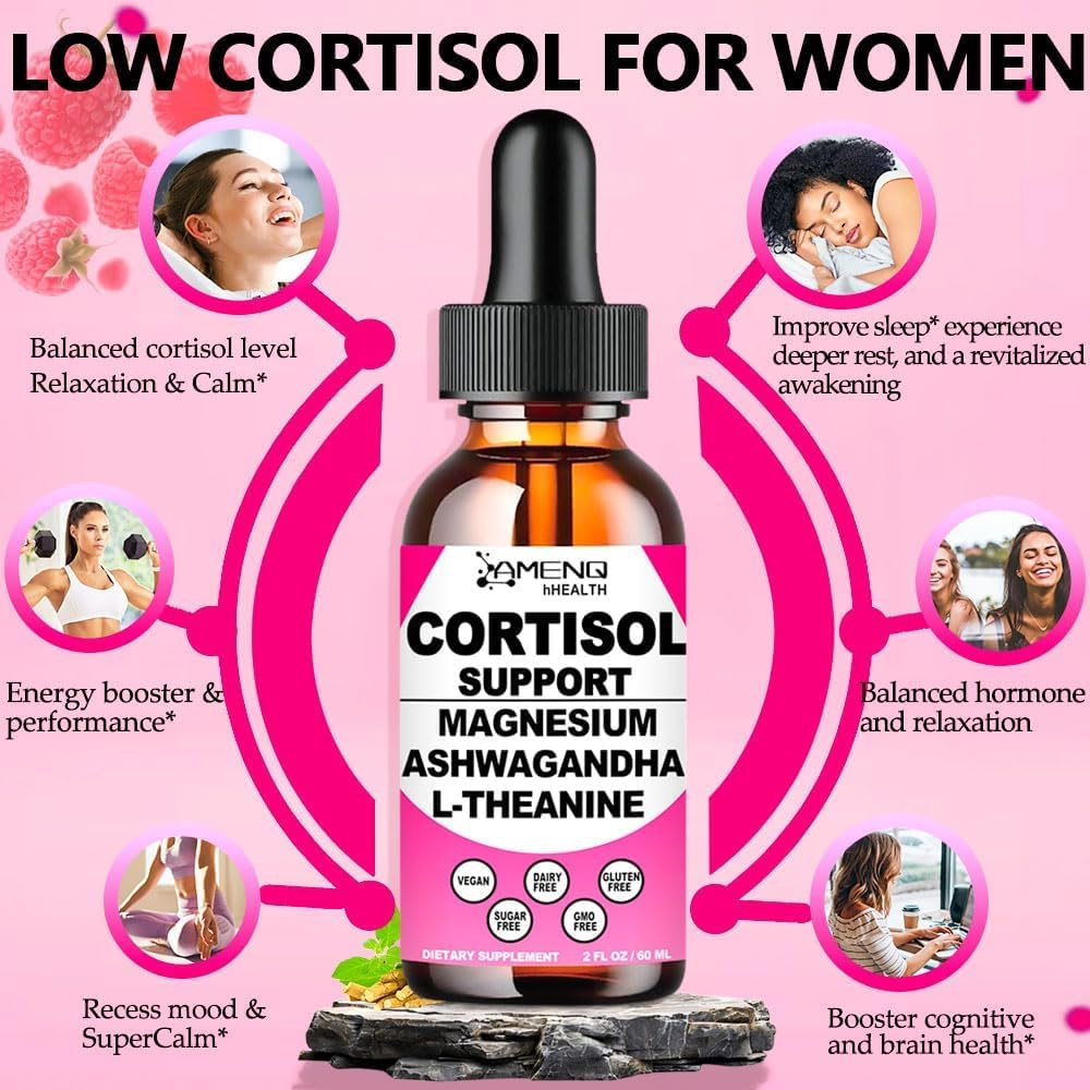 Cortisol Supplement Liquid Drops, 17-in-1 Cortisol Reducer w. Ksm-66 Ashwagandha Theanine Rhodiola Rosea Magnesium Phosphatidylserine, Hormone Balanced & Lower Cortisol for Women Calm* Relaxation AMENQ hHEALTH buy australia supplements