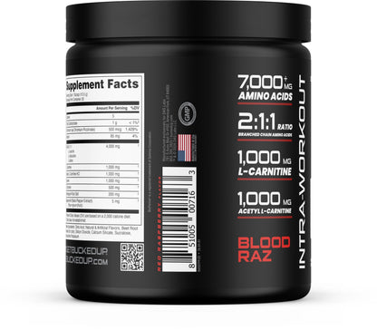 Bucked Up Racked Blood Raz | Intra Workout BCAA 2-1-1 Formula with L Carnitine Acetyl L Carnitine Taurine and L Tyrosine | Amino Acid Powder Supplement (30 Servings)