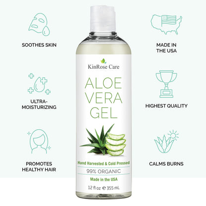 KinRose Care, 12oz Organic Aloe Vera Gel for Face, Skin, Hair & Sunburn Relief - From 100 Percent Pure Aloe Vera KinRose Care