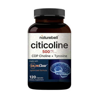 NatureBell Citicoline 500mg - 120 Capsules - Brain Function Support for Adults - Memory & Focus Aid with CDP Choline & Tyrosine - Fast-Absorbing Formula NatureBell