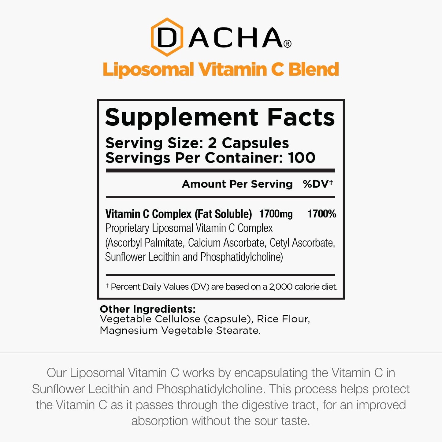 DACHA Natural Liposomal Vitamin C - 1700mg, 200 Capsules, Immune System & Collagen Booster, High Absorption Fat Soluble VIT C DACHA
