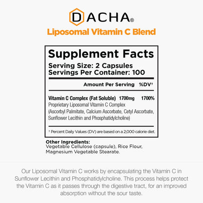 DACHA Natural Liposomal Vitamin C - 1700mg, 200 Capsules, Immune System & Collagen Booster, High Absorption Fat Soluble VIT C DACHA