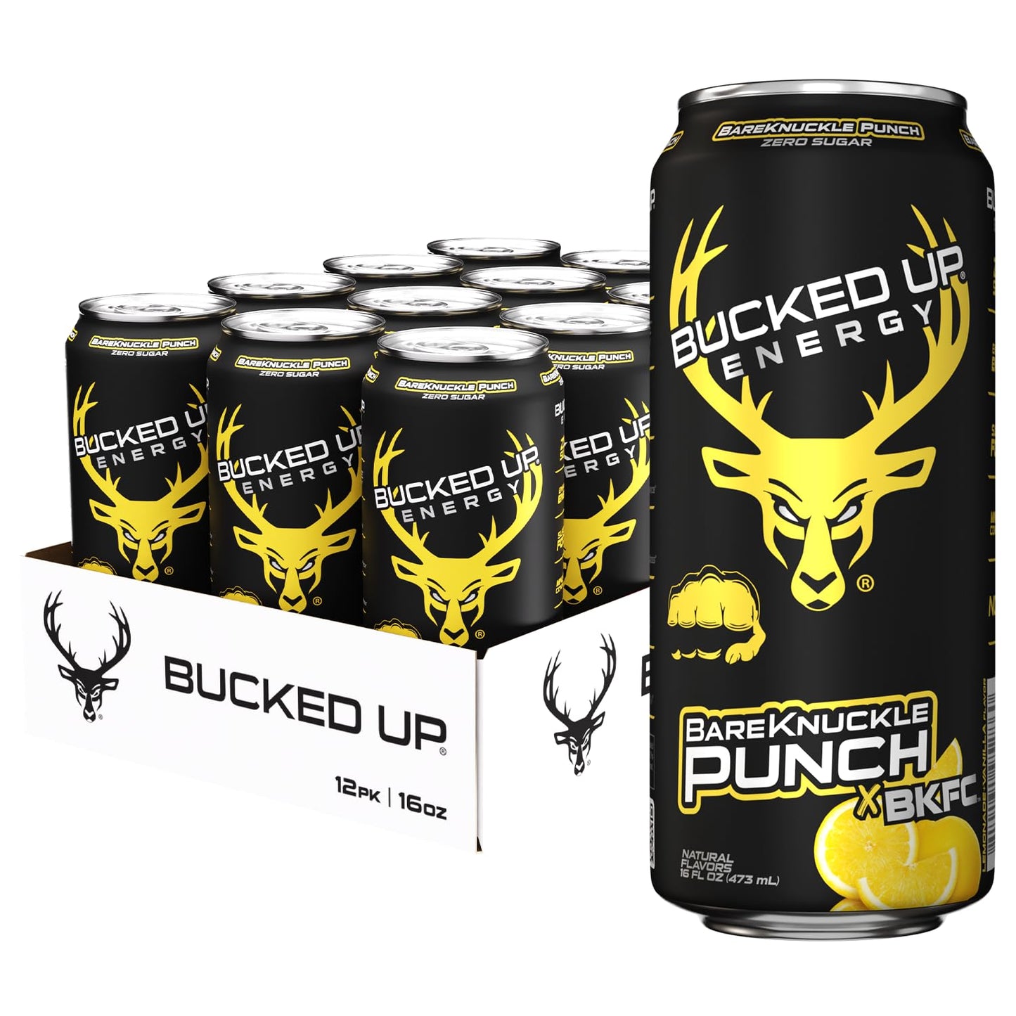 Bucked Up Energy Zero Sugar | 300mg Caffeine Energy Drink with AlphaSize TeaCrine Dynamine and Huperzine A | Zero Sugar Performance Beverage, 12 Pack, 16 fl oz Cans (BKFC Bareknuckle Punch)
