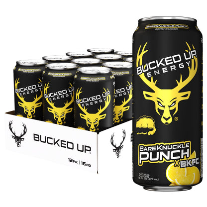 Bucked Up Energy Zero Sugar | 300mg Caffeine Energy Drink with AlphaSize TeaCrine Dynamine and Huperzine A | Zero Sugar Performance Beverage, 12 Pack, 16 fl oz Cans (BKFC Bareknuckle Punch)