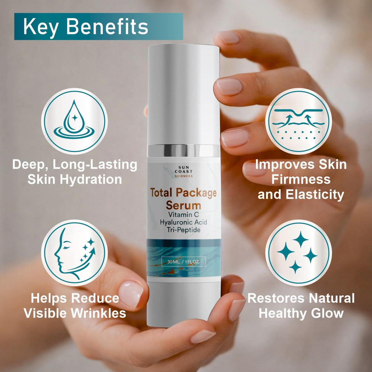 Sun Coast Sciences - Total Package Serum - Vitamin C Serum with Hyaluronic Acid & Peptides for Face - Hydrating Anti Aging Face Serum for Smoother, Firmer Looking Skin - 1 Fl Oz (Pack of 1) SUN COAST SCIENCES