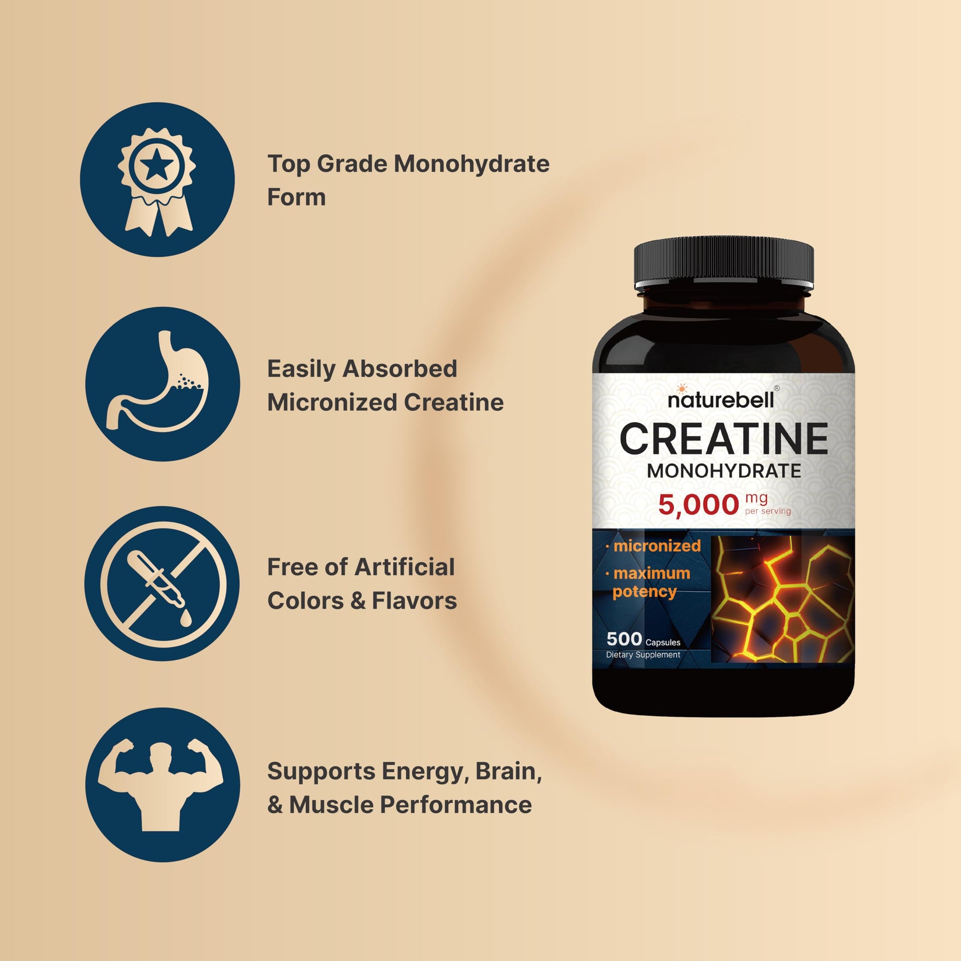 NatureBell Creatine Monohydrate Capsules 5,000mg Per Serving, 500 Count | Micronized, Unflavored Creatine Pills | Pre-Workout & Muscle Strength Support NatureBell buy australia supplements