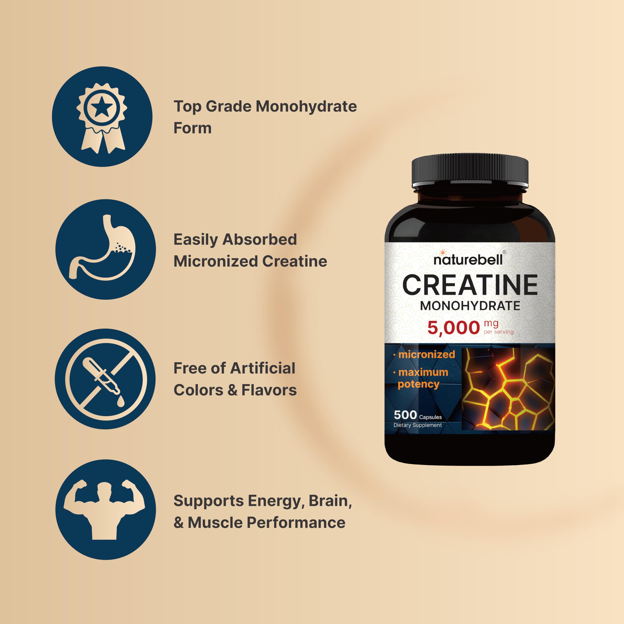 NatureBell Creatine Monohydrate Capsules 5,000mg Per Serving, 500 Count | Micronized, Unflavored Creatine Pills | Pre-Workout & Muscle Strength Support NatureBell buy australia supplements