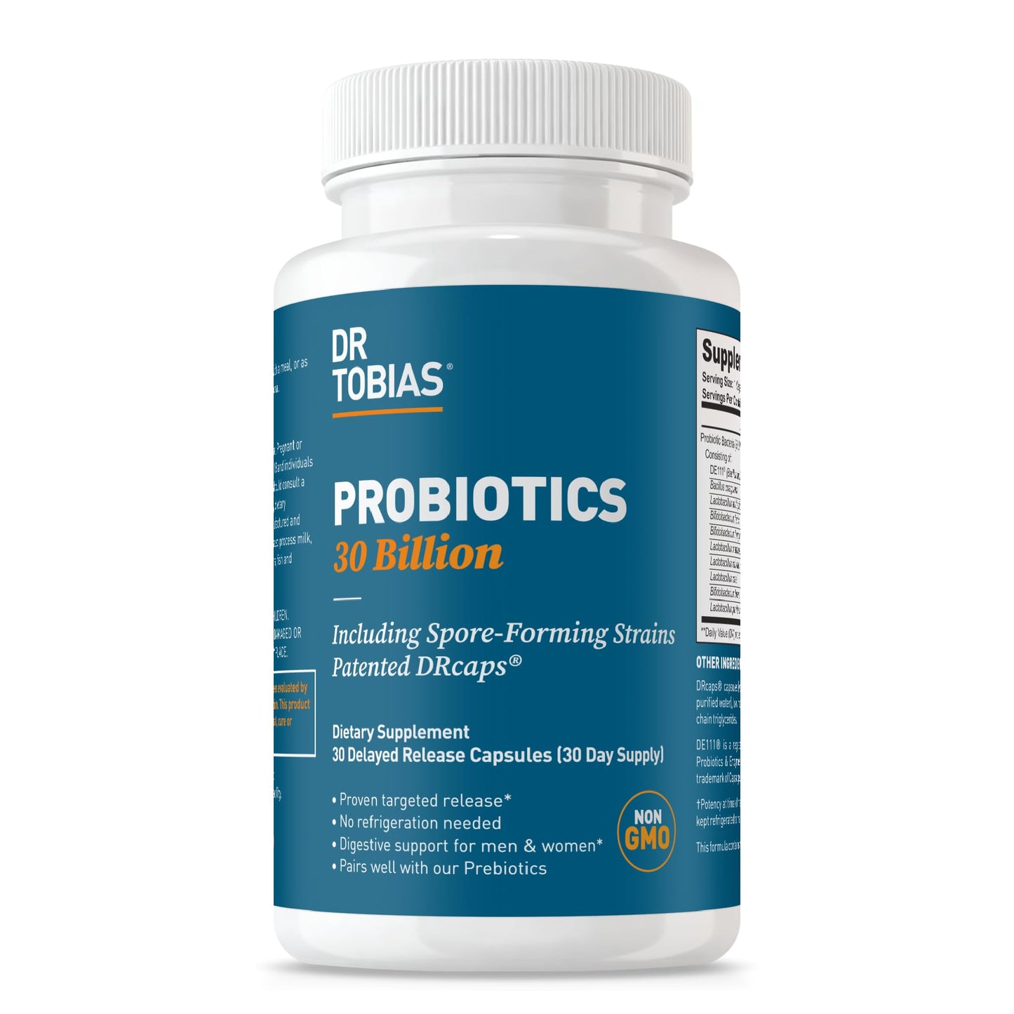 Dr. Tobias Probiotics 30 Billion, 10 Strains, 30 Billion CFU's, Targeted Release Probiotics for Women & Men, Supports Digestive Health, Shelf-Stable, Non-GMO, 30 Capsules, 30 Servings