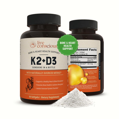 Live Conscious Vitamin K2 MK7 with D3 Supplement | Bone & Heart Health Support - Patented Vitamin K & Vitamin D3 5000 IU - 60 Softgels Live Conscious