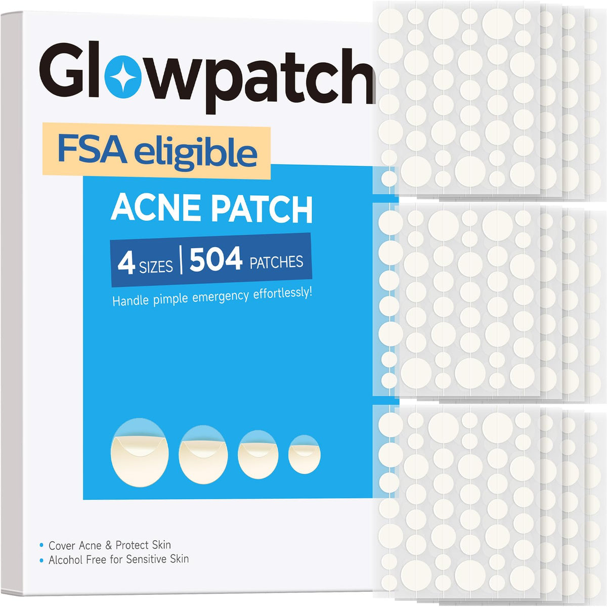 Glowpatch 504 Counts 4 Sizes Hydrocolloid Pimple Patches for Face Glowpatch