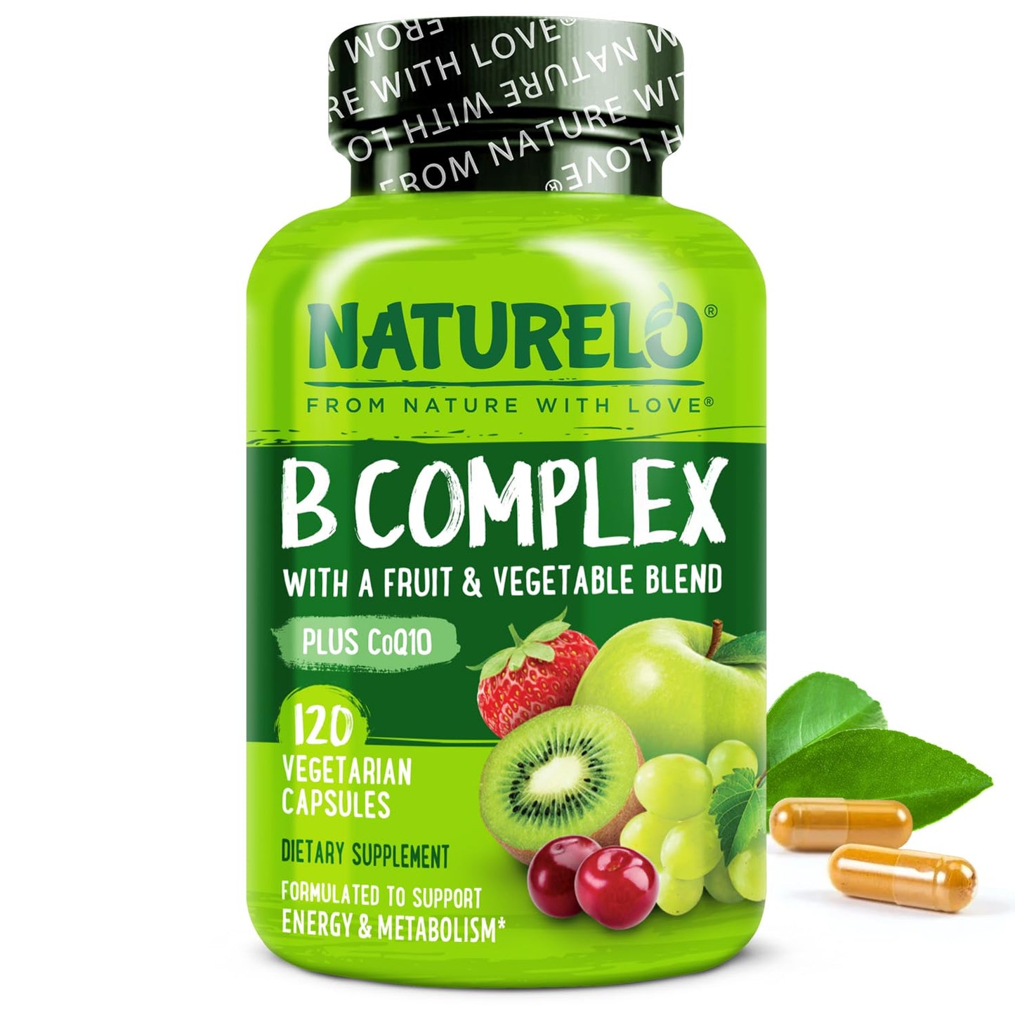 NATURELO Vitamin B Complex,120 Capsules, Vegan, CoQ10, Methyl Folate, Biotin, Fruit & Veg Blend, Supports Energy and Healthy Stress Response NATURELO