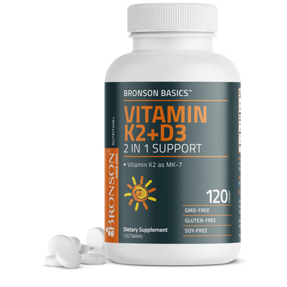 Bronson Vitamin K2 D3 (MK7) Supplement Non-GMO Formula Vitamin D3 5000IU (125 mcg) & 90 mcg K2 MK-7, Easy to Swallow D Bronson