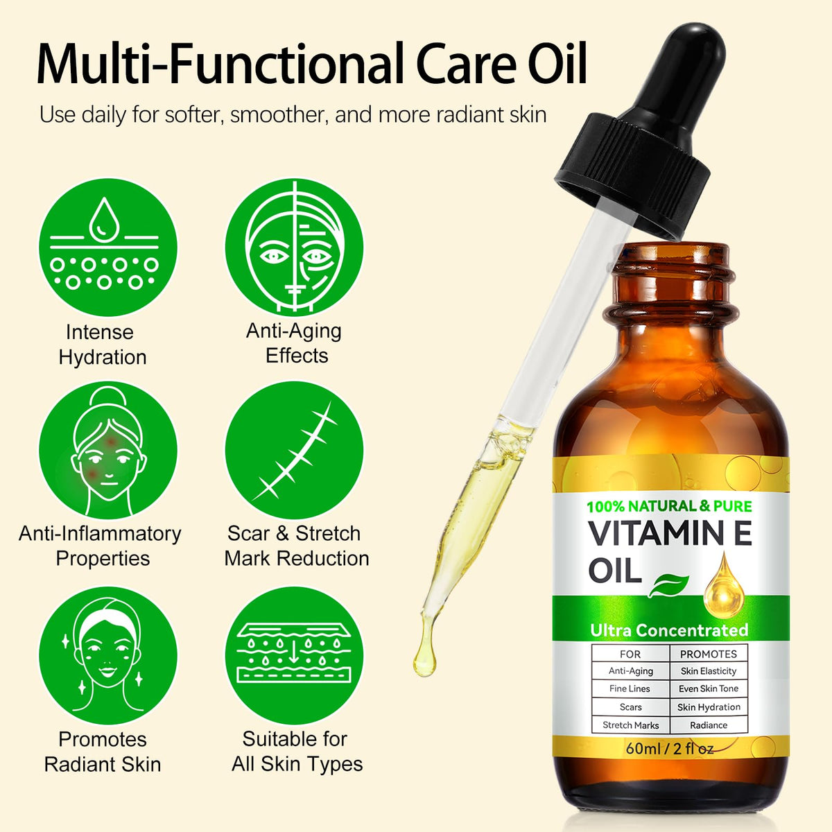 flasture Vitamin E Oil 75,000 IU – 100% Pure Natural Vitamin E for Skin, Face, Hair, Scars – Deep Moisturizing Body Oil for Dry Skin, Wrinkles – Cold-Pressed, Non-GMO,Skincare – 2 Fl Oz flasture