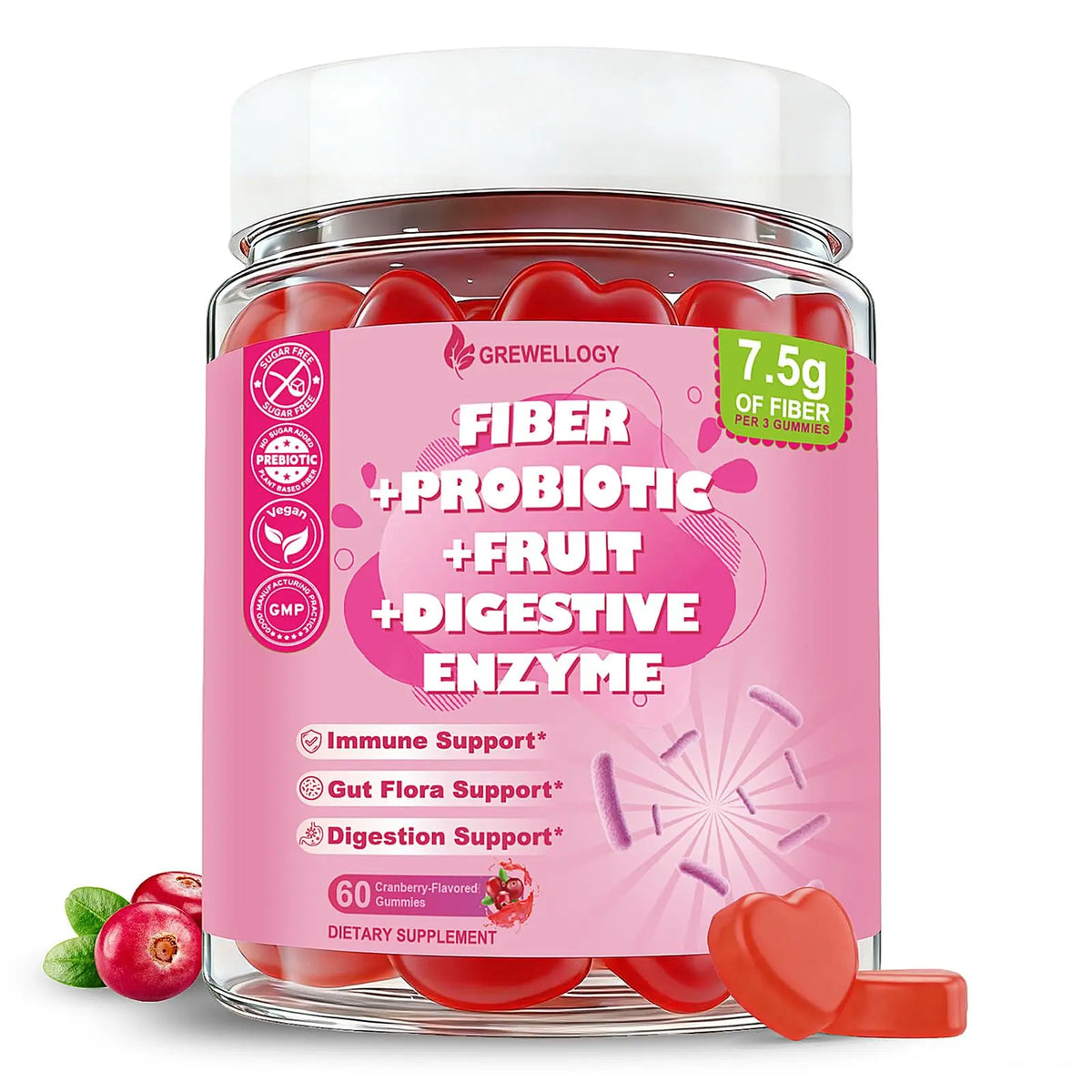 Fiber Gummies 7500mg, Probiotics & Digestive Enzymes, Sugar-Free, Vegan & Gluten-Free Supplement for Gut Health, Bloating Support & Regularity) Grewellogy