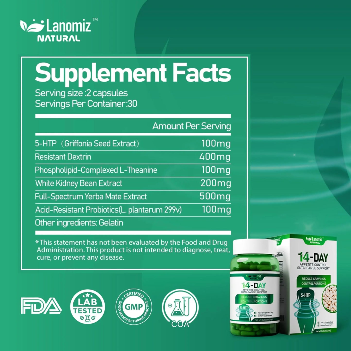 Lanomiz 14DAY Appetite & Craving Control Gut Health Complex Featuring Delayed-Release Probiotics & White Kidney Bean Extract 5-HTP Lanomiz