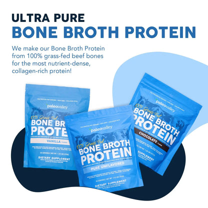 Paleovalley 100% Grass Fed Beef Bone Broth Protein Powder - Rich in Collagen Peptides for Hair, Skin, Gut Health, Bone and Joint Support Paleovalley