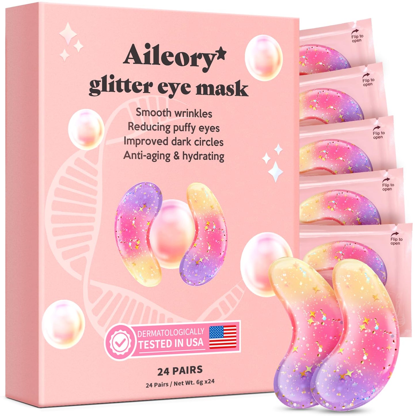 AILEORY Under Eye Patches (24 Pairs) - Tri-color Glitter Eye Gel Pads for Dark Circles, Puffy Eyes, Under eye Bags, Wrinkles AILEORY