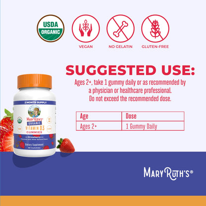 MARYRUTH'S Organic Vitamin D3 Gummies | 1000 IU | USDA Organic | Immune Support| Bone Health | Muscle Function | for Adults & Kids Ages 2+ MARYRUTH'S