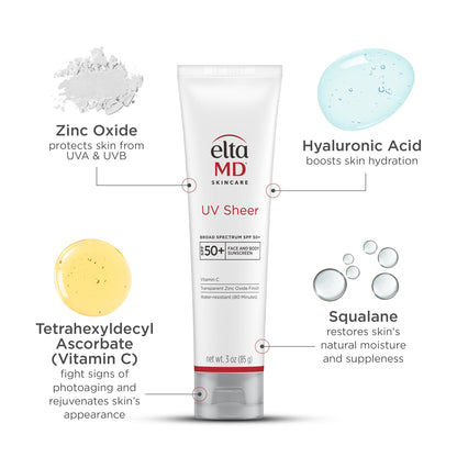 EltaMD UV Sheer Face and Body Sunscreen with Zinc Oxide, SPF 50+, 3 oz EltaMD