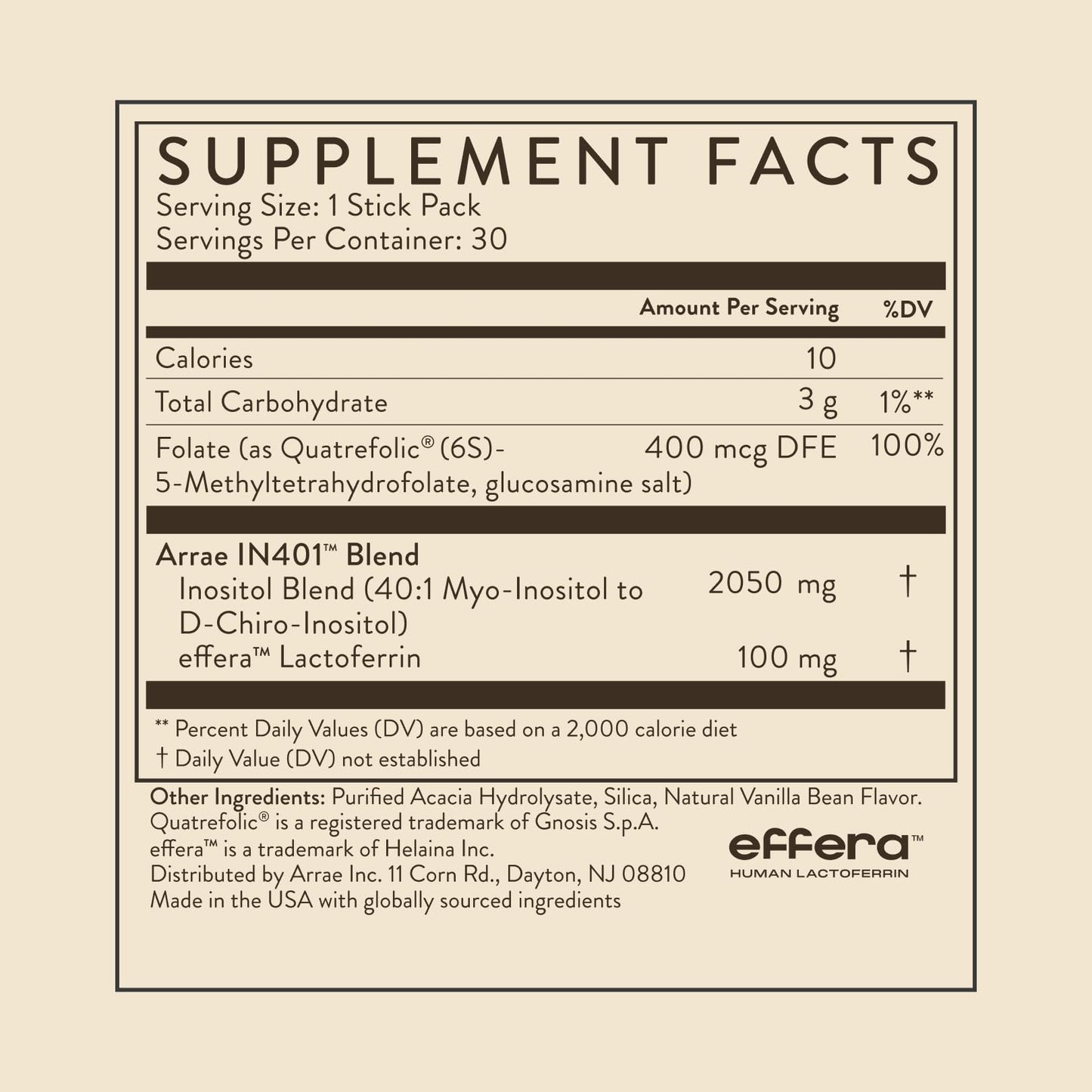 Arrae Inositol Supplement for Women - Supports Healthy Hormonal Balance, Regular Cycles, & Ovarian Health - 40:1 Myo & D-Chiro Raton with Lactoferrin & Folate - Vanilla Flavor - 30 Pack