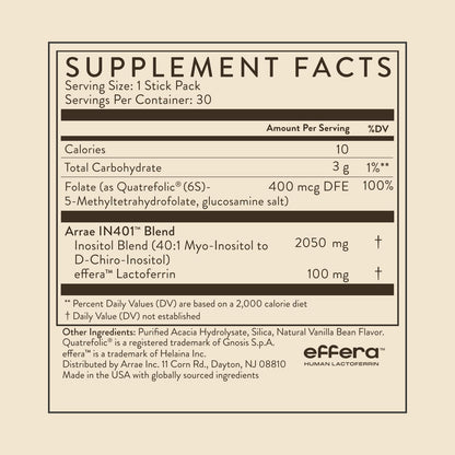 Arrae Inositol Supplement for Women - Supports Healthy Hormonal Balance, Regular Cycles, & Ovarian Health - 40:1 Myo & D-Chiro Raton with Lactoferrin & Folate - Vanilla Flavor - 30 Pack