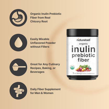 NatureBell Organic Inulin Prebiotic Fiber Powder, 1lb | Natural Chicory Root Source – Easily Mixes with Coffee or Smoothies – Fiber Supplement for Women & Men NatureBell