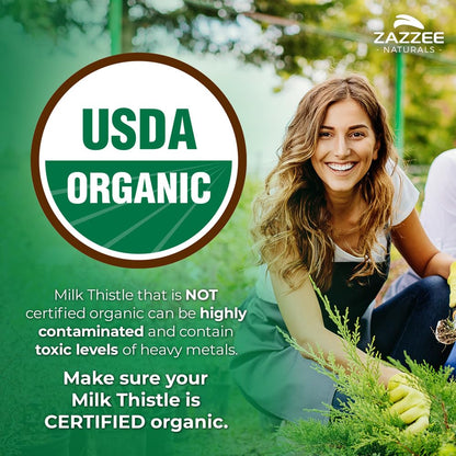 Zazzee USDA Organic Milk Thistle 30:1 Extract, 80% Silymarin, 120 Vegan Capsules, 4 Month Supply, Certified Kosher, High Potency Liver & Antioxidant Support Zazzee