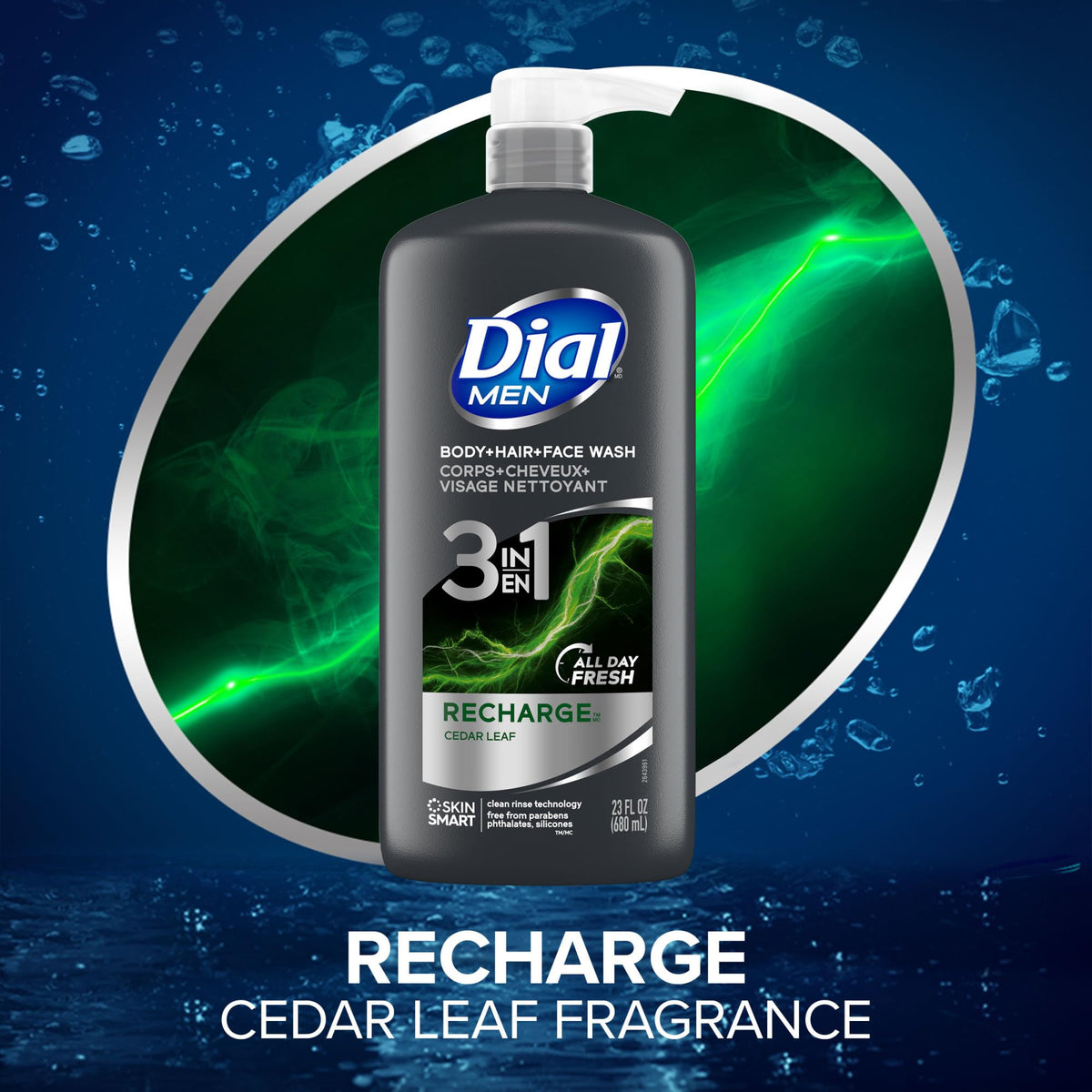 Dial Men 3-in-1 Body, Hair and Face Wash, Recharge, 23 Fl Oz, 3-Pack Dial