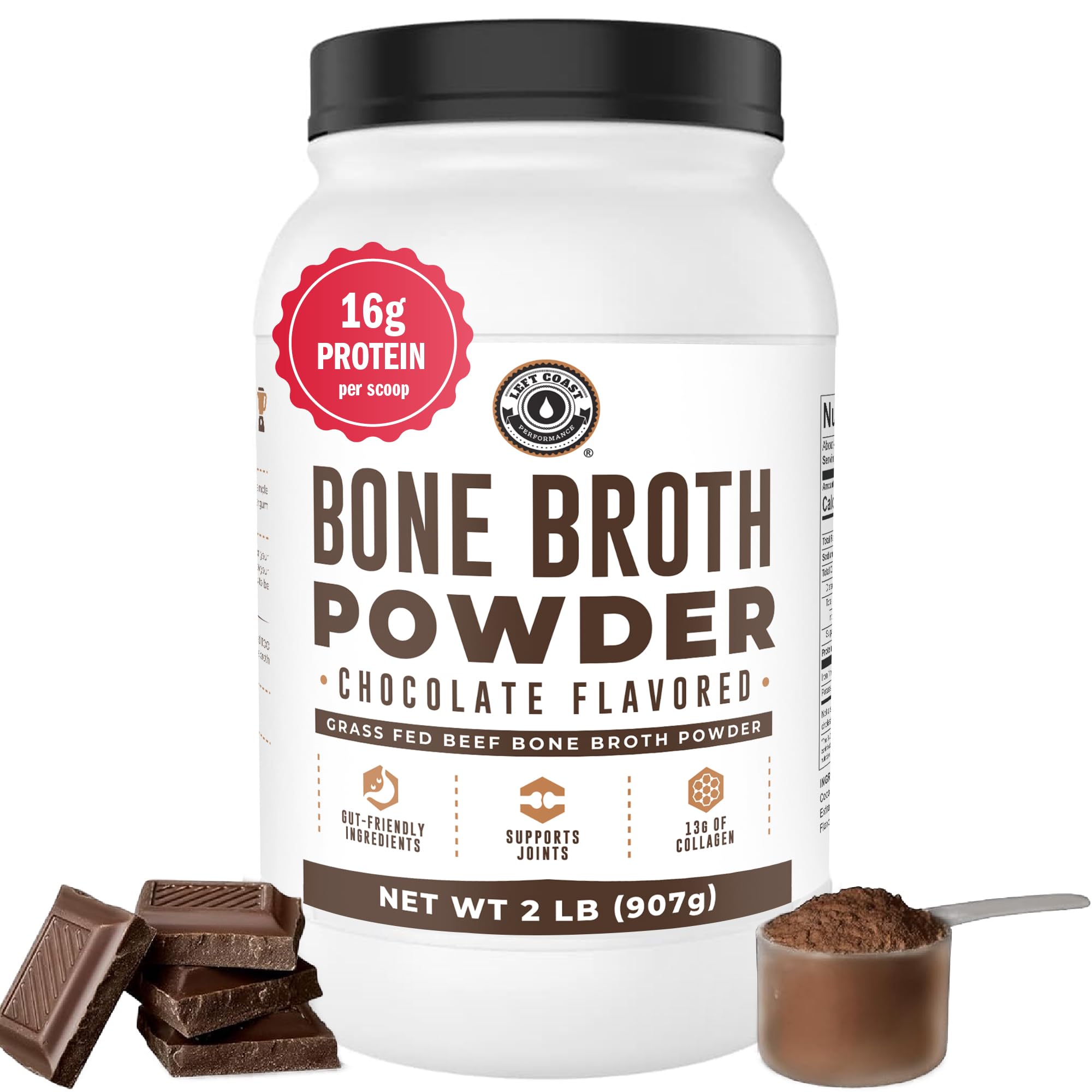 Chocolate Bone Broth Protein Powder - 100% Grass Fed Beef Bone Broth with 16g Protein & 13g Collagen per Serving - Great for Shakes & Hot Chocolate - Keto Friendly Low Carb Left Coast Performance buy australia supplements
